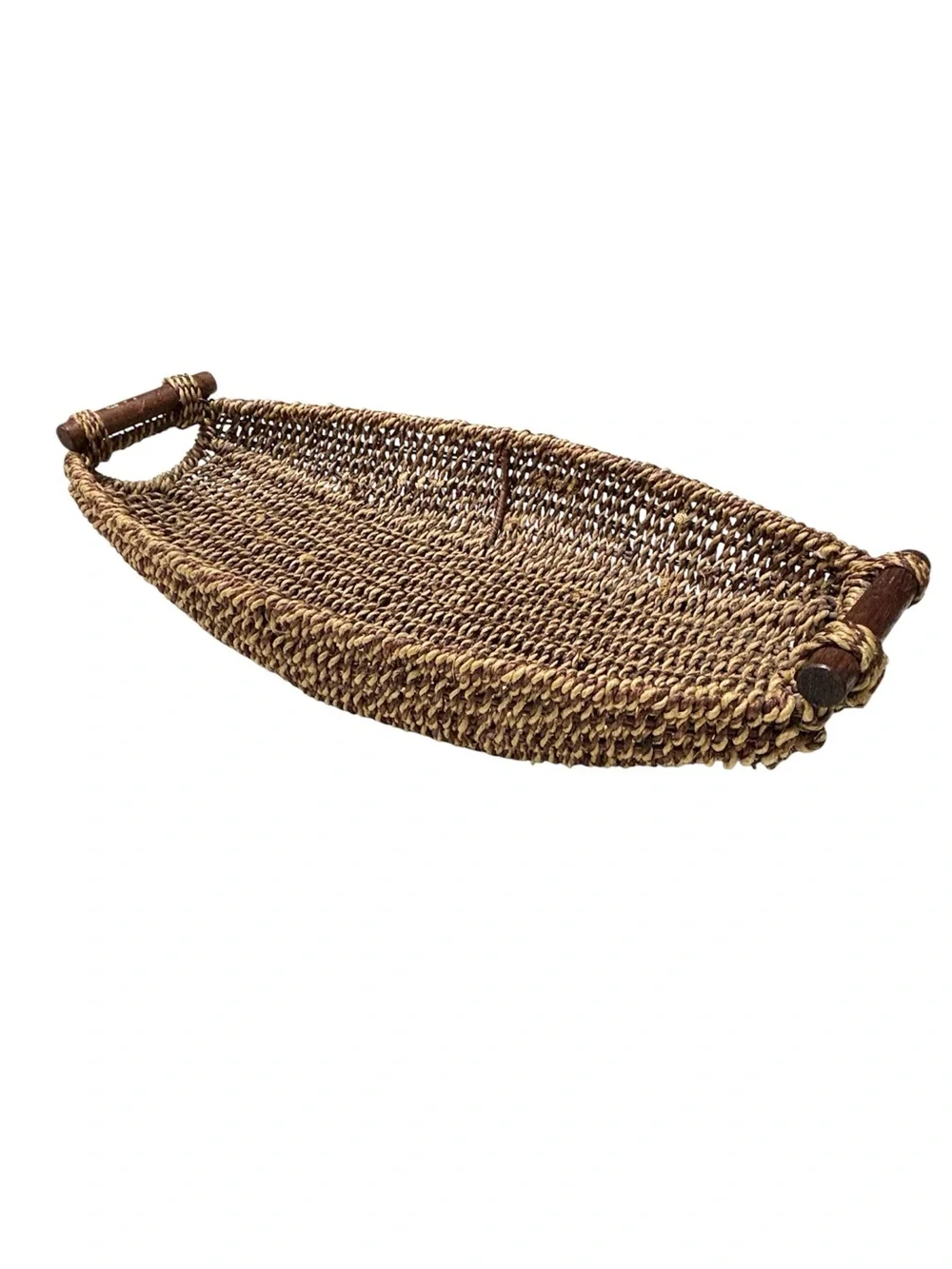 Handwoven Brown Seagrass Tray Basket Wooden Handles Home Decor Braided Wicker